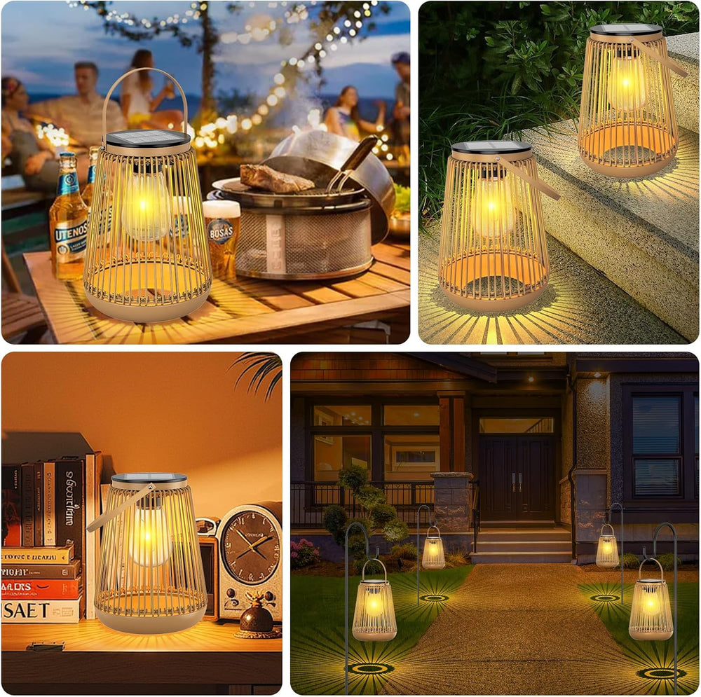 Solar Lanterns Outdoor Waterproof with Metal Base 2 Pack, Rattan Lanterns