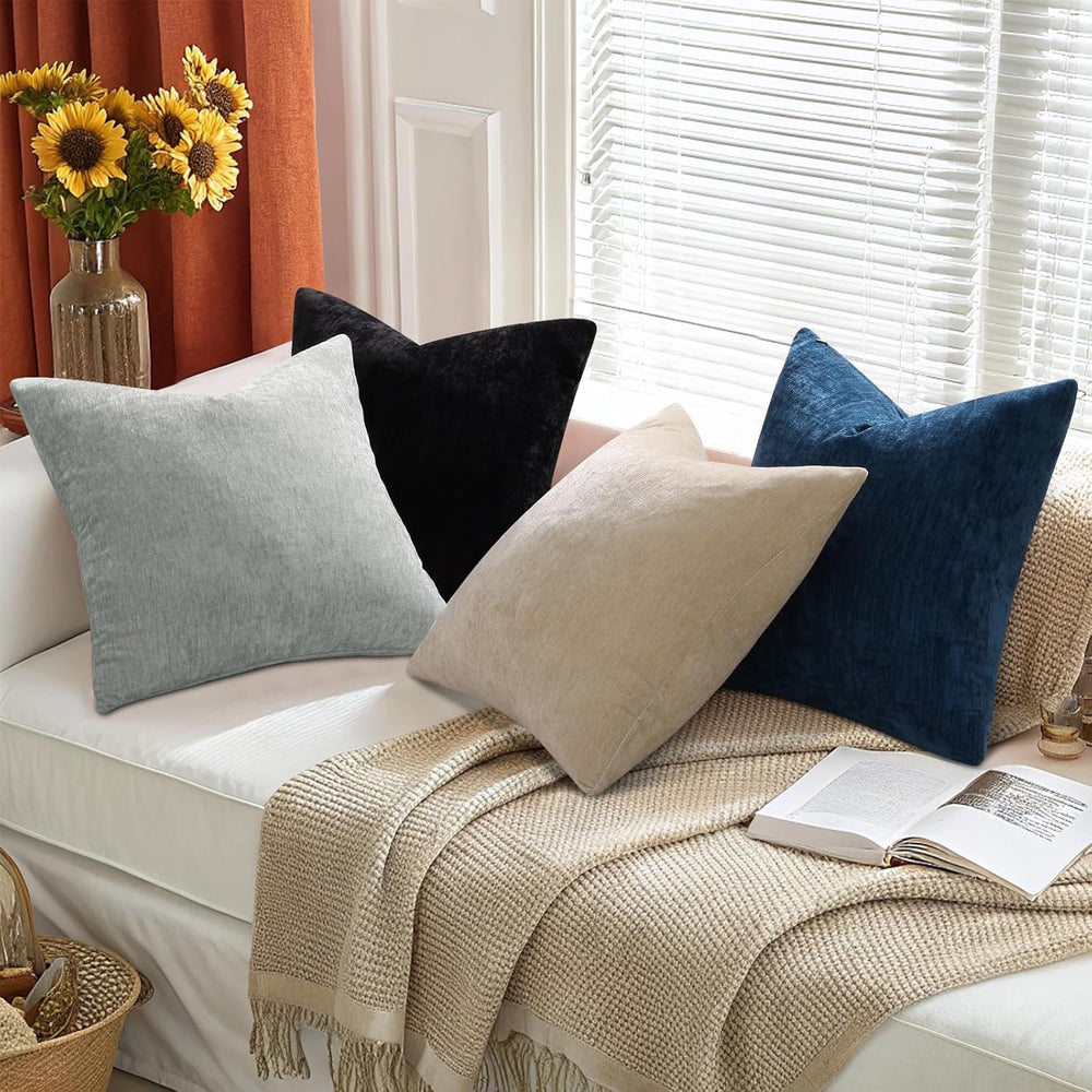 decorUhome Beige Black Soft Chenille Throw Pillow Covers 20X20 Set of 4