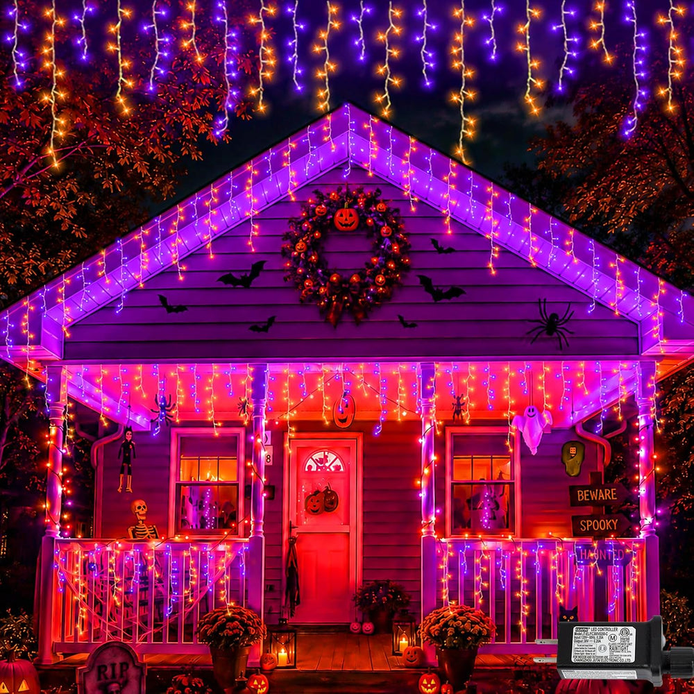 YEGUO 33ft 400 LED Orange and Purple Icicle Halloween Lights, 80 Drops Icicle...