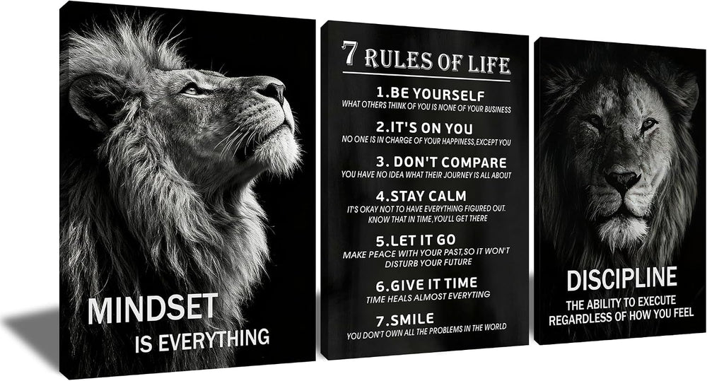3 Pieces Lion Motivational Canvas Wall Art Mindset is Everything Inspirationa...