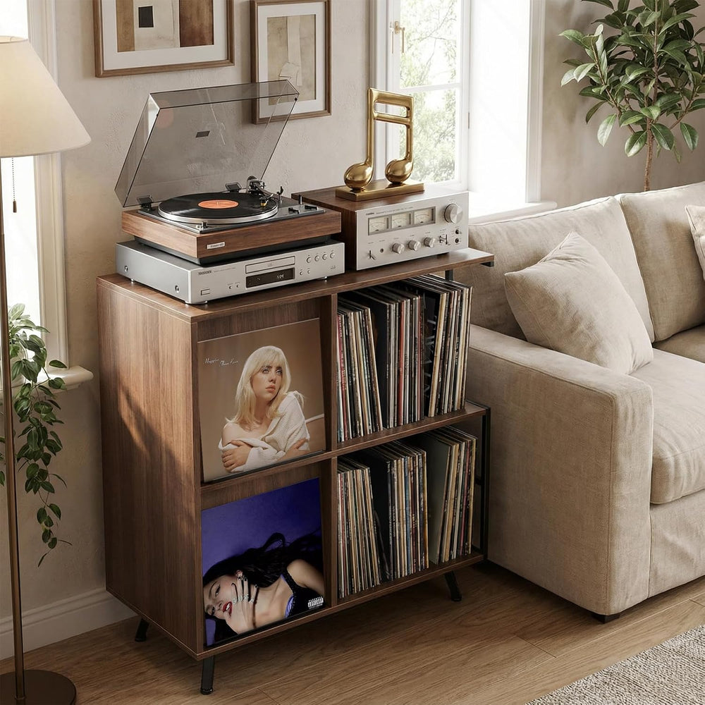 Faesun 3 Tier Record Player Stand with Flip-Down Record Shelf, Walnut