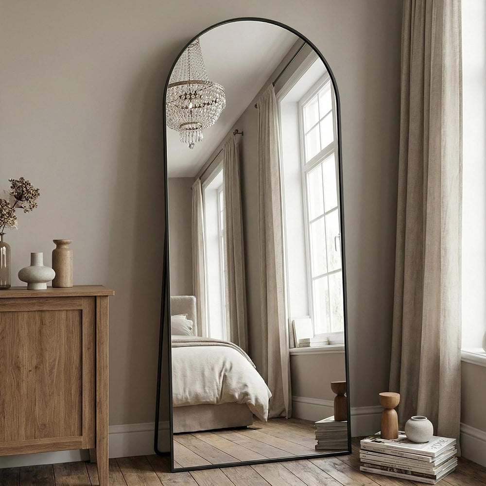 Antok 58" x 20" Arched Full Length Floor Mirror, Aluminum Frame, Black