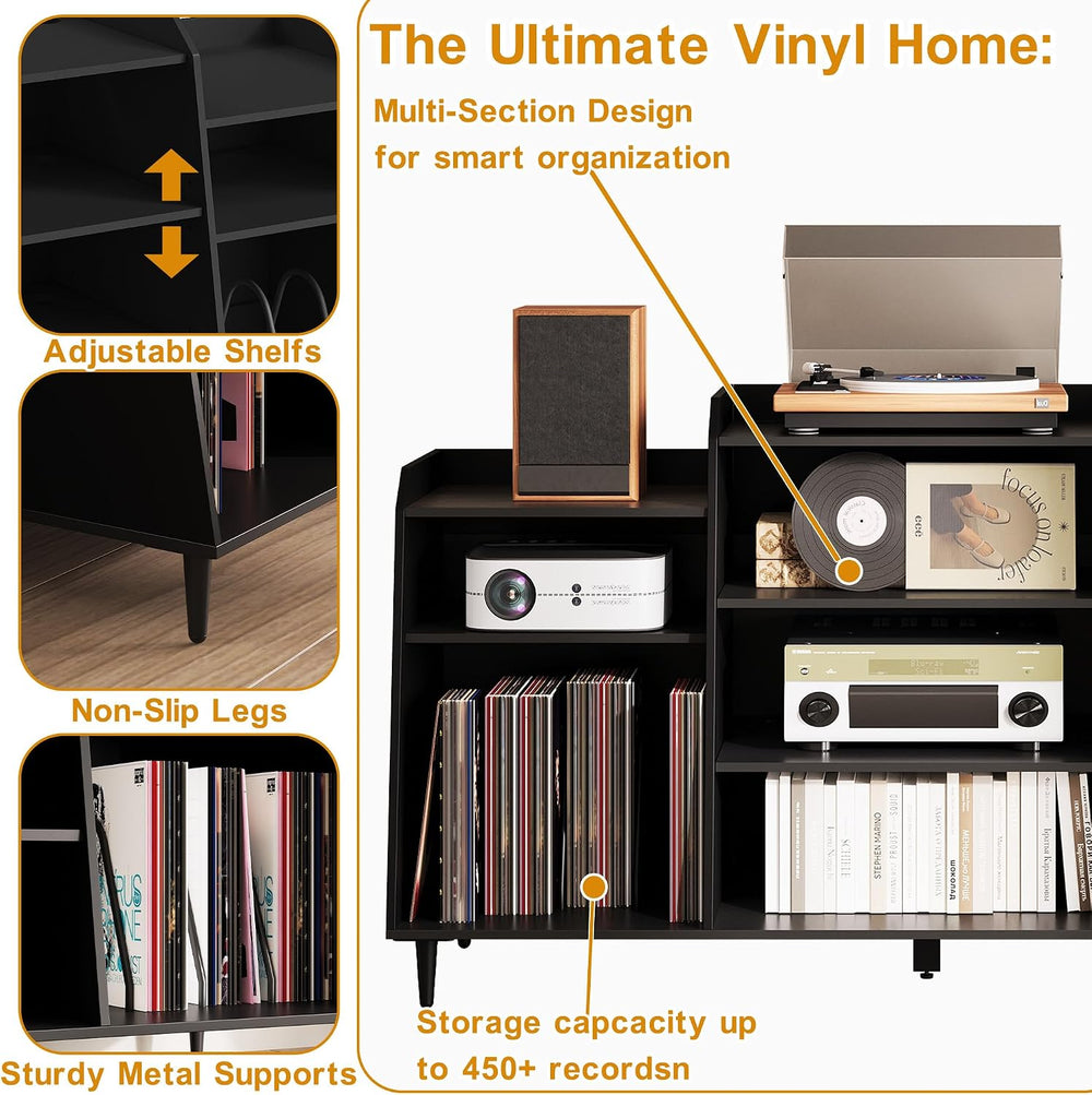 Rresyet 55" Record Player Stand with Charging Station, 4-Tier Vinyl Reco...