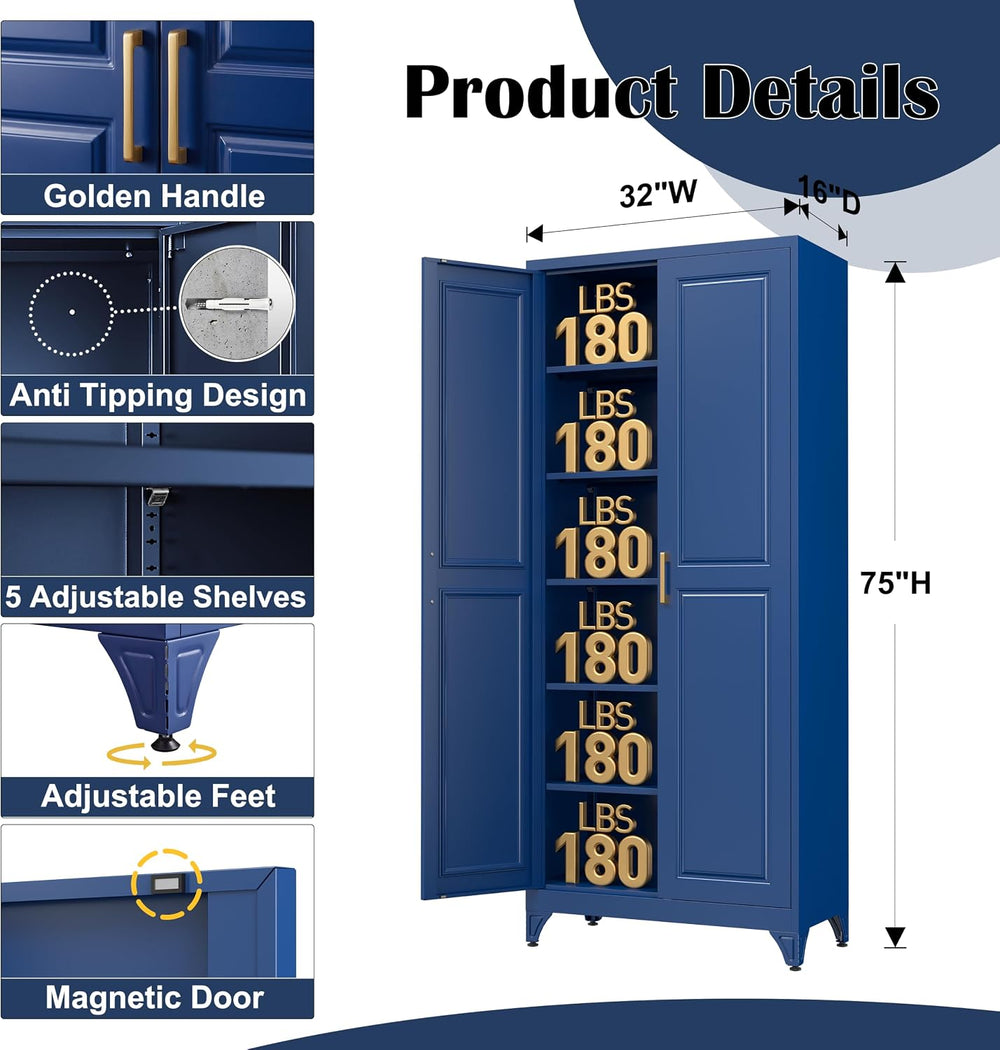 SteeLoong 75”Metal Pantry Storage Cabinet with Doors & 5 Adjustable Shelves