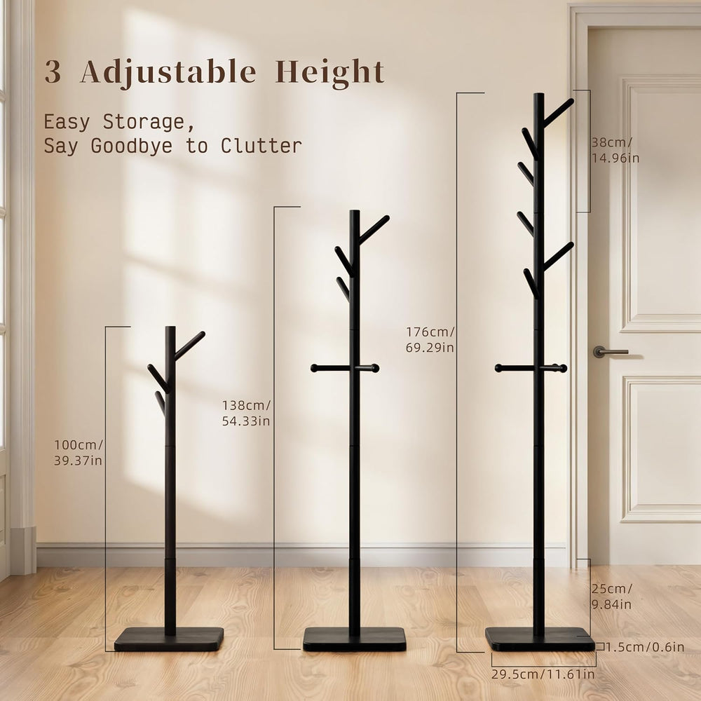 Nianerfaya Solid Wood Coat Rack, Free Standing Hall Coat Tree, Black