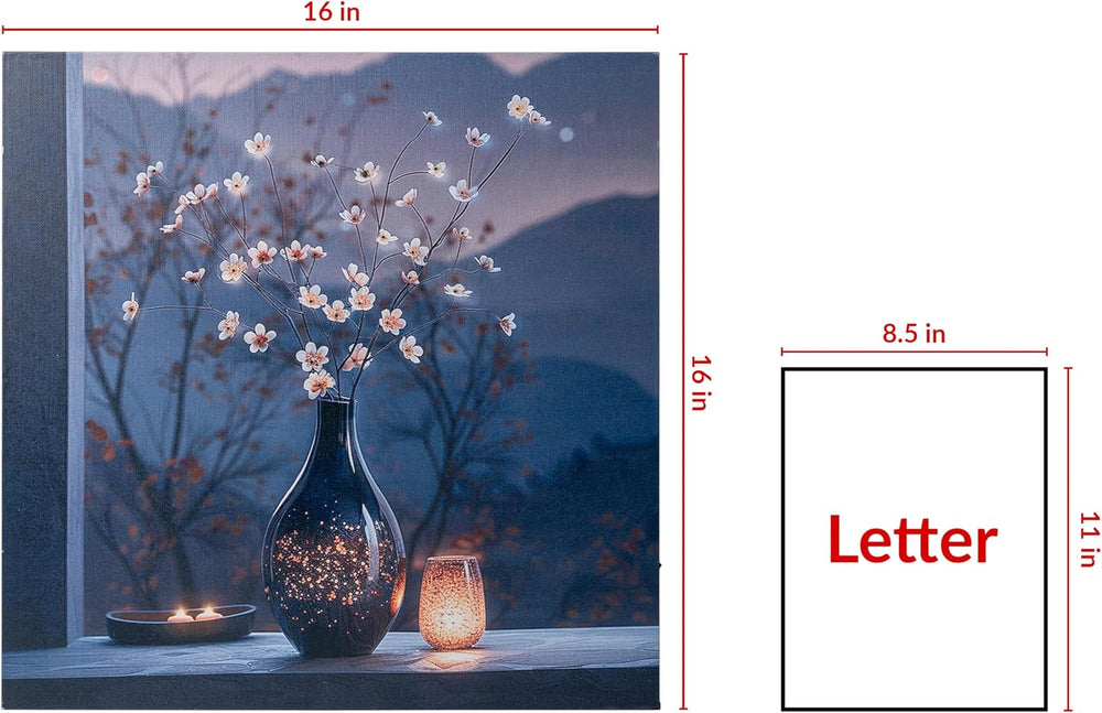 LED Cherry Blossom Vase Canvas Wall Art, Light Up Floral Picture with Black V...