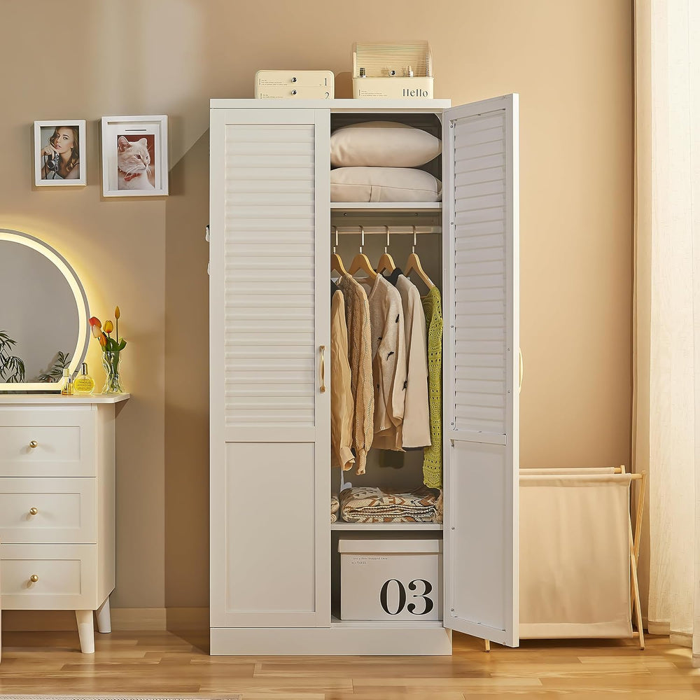 Metal Wardrobe Closet with Louvered Doors, Bedroom Storage Cabinet