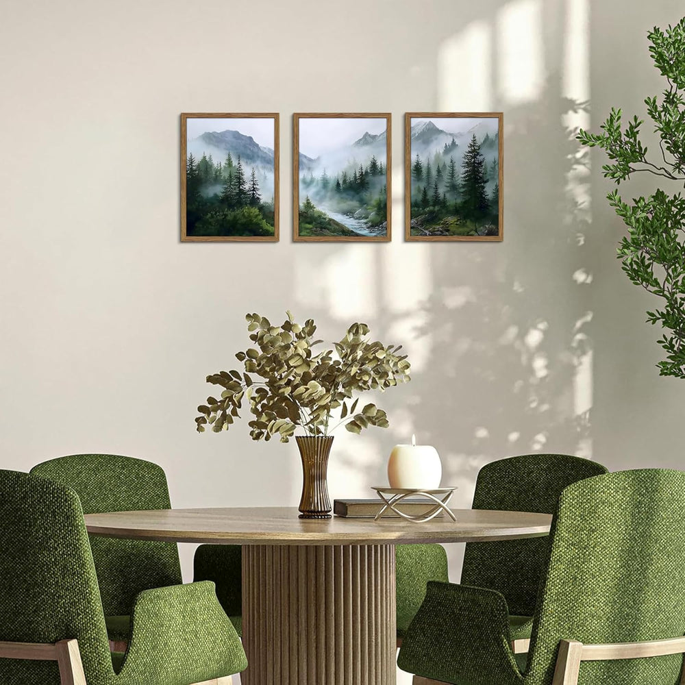 Framed Forest Wall Art Set of 3, Misty Mountain Landscape Canvas Wall Decor P...