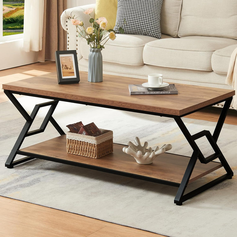 Rustic Modern Coffee Tables for Living Room with Storage, 47 Inch Oak Brown