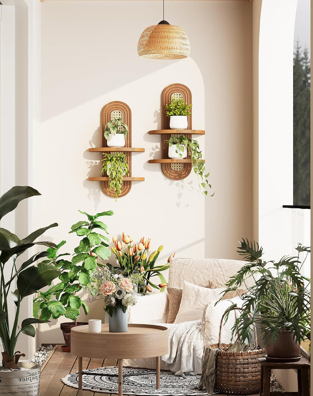 Floating Shelves for Wall,Boho Home Wall Decor,2-Tier Rattan Plant Shelf,Mid ...