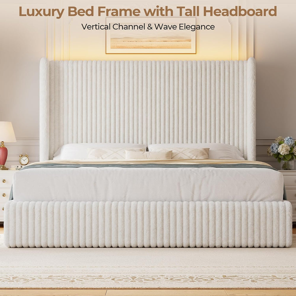 King Size 55" Tall Upholstered Bed Frame with Wingback Headboard