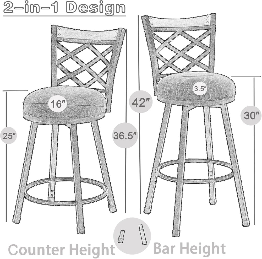 Farmhouse Swivel Bar Stools with Back Set of 2, (2-in-1) 25"/30" Ad...