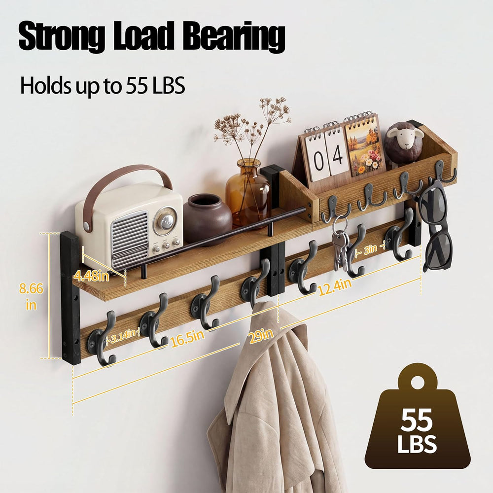 29” Coat Rack Wall Mount with Shelf, Coat and Key Hanger with Metal Hooks