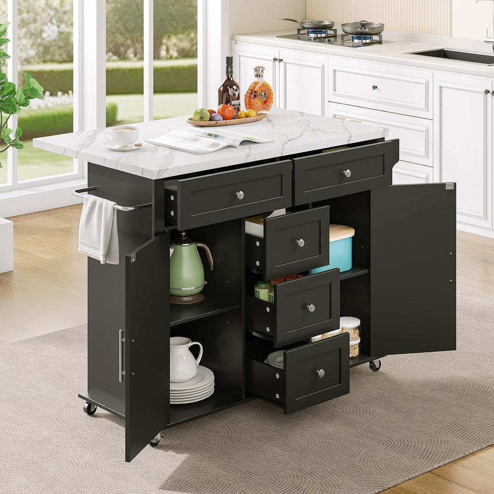 ONBRILL 47" Kitchen Island with 2 Storage Cabinets & 5 Drawers, Black