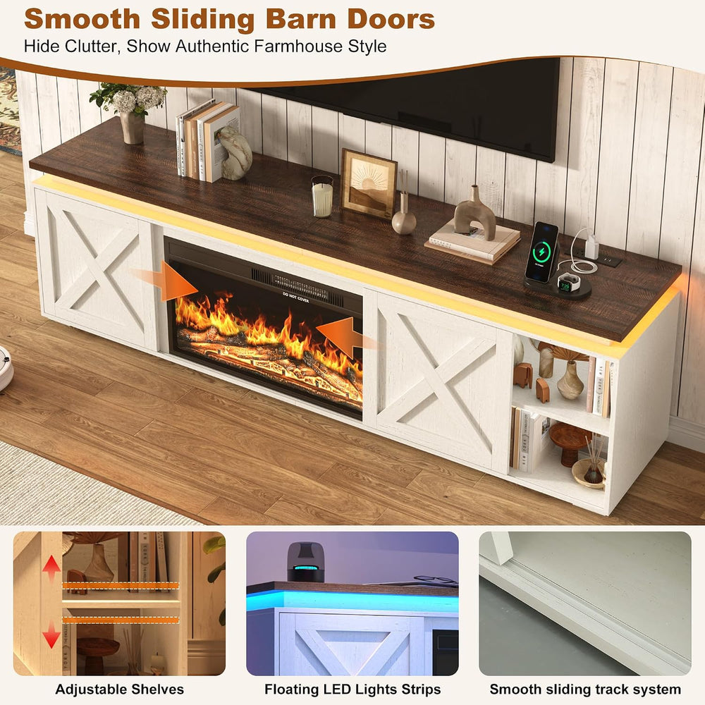 83" Farmhouse TV Stand w/40 Electric Fireplace for TVs Up to 95 Inch,White