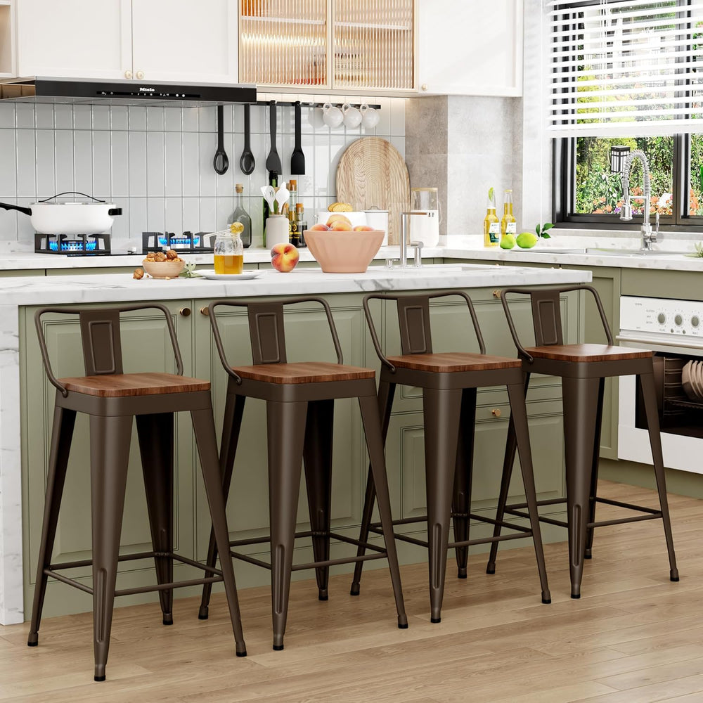 WENTMENT Industrial Rusty Bar Stools Set of 4, 24" Counter Height, Woode...