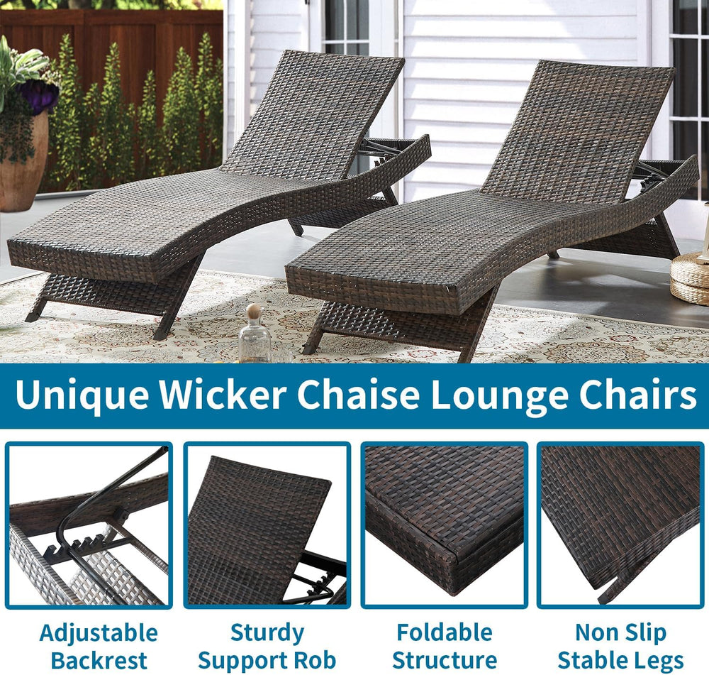 79'' Long Reclining Chaise Lounge Set (Set of 2), Outdoor Wicker Recl...