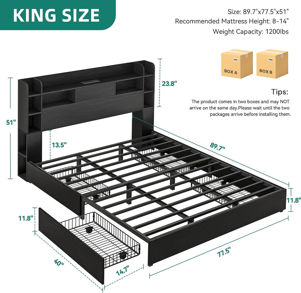 YITAHOME King Size Bed Frame, 51" Tall Bookcase Headboard, 4 Storage Drawer