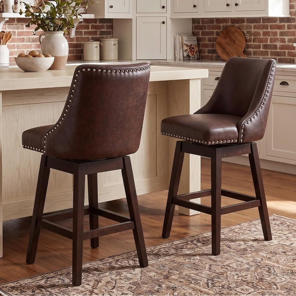 27.5" Bar Stools Set of 2, Faux Leather Mid Century Modern Swivel Counte...