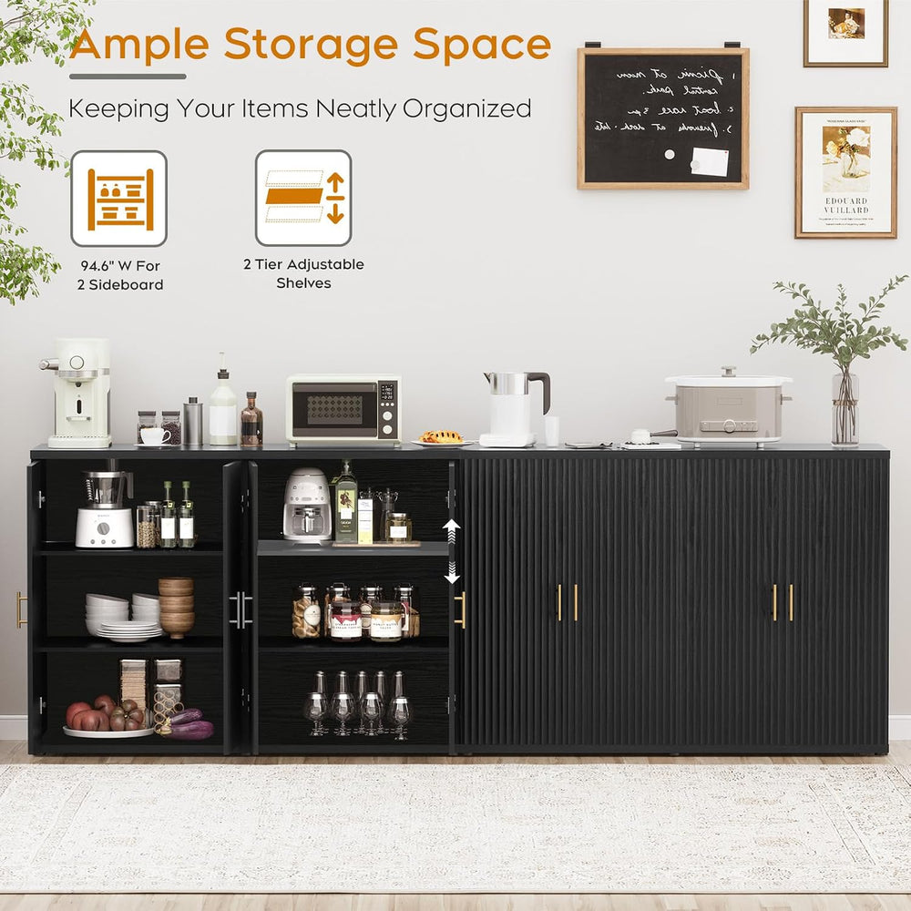 Yechen 94.6" Black Fluted Sideboard Buffet Cabinet with Storage and 8 Do...