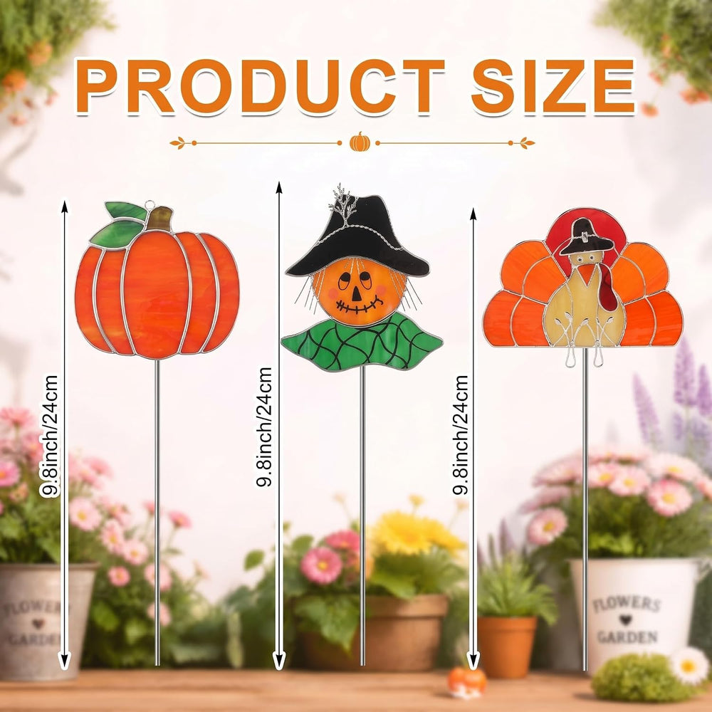 3 Pcs Fall Stained Glass Plant Stakes 9.8" Fall Decor for Pot