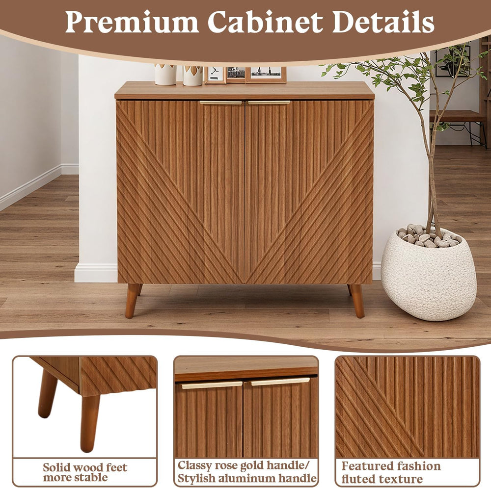 Fluted Brown Wood Sideboard Buffet Storage Cabinet with Doors