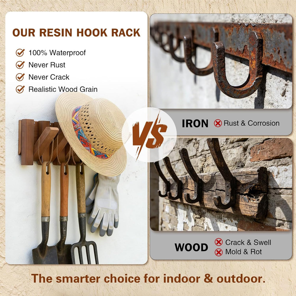 Coat Rack Wall Mount, Fold-Away Resin imitation wood Coat Hooks - 6 Hooks