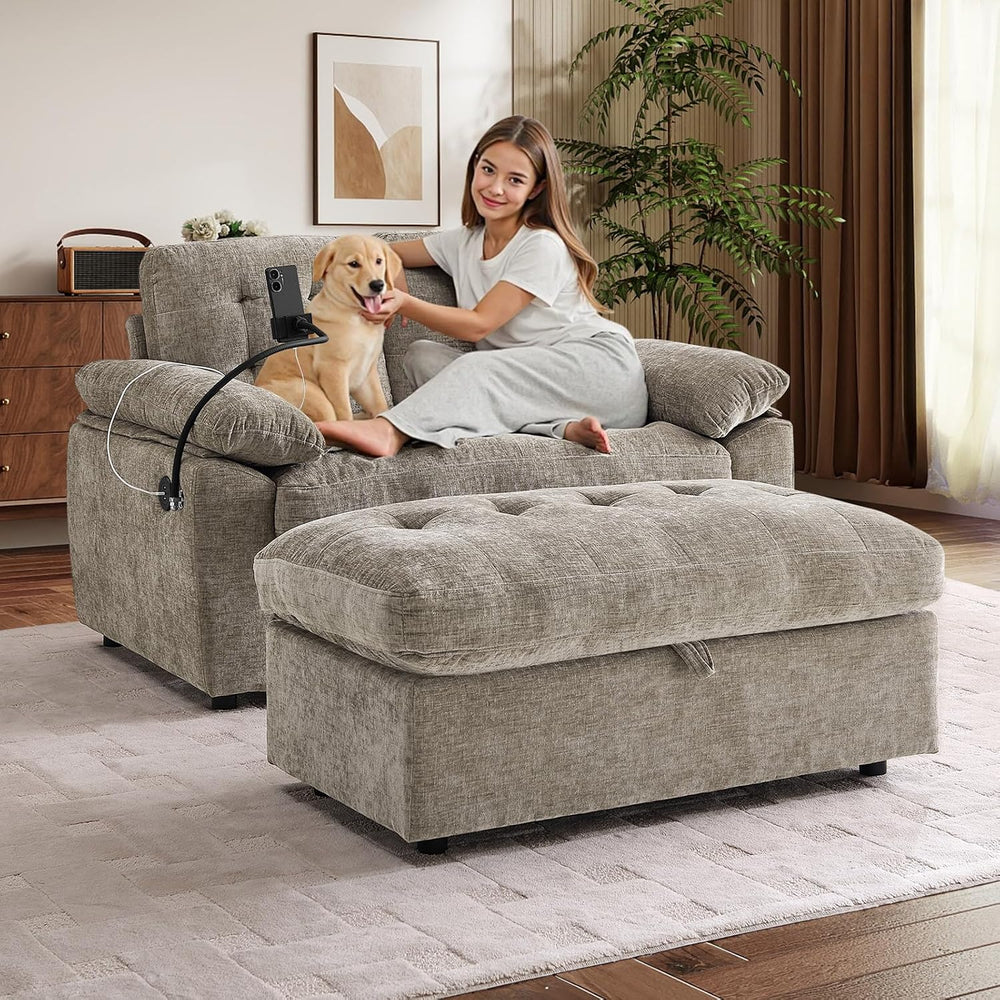 56” Chaise Lounge Chair with Ottoman, Oversized Loveseat Reading Accent Comfy...