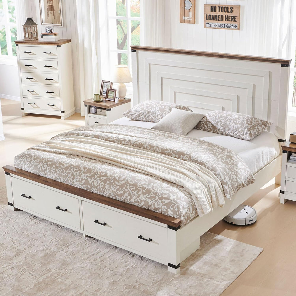 T4TREAM 54" Tall Farmhouse Queen Size Bed Frame, Antique White