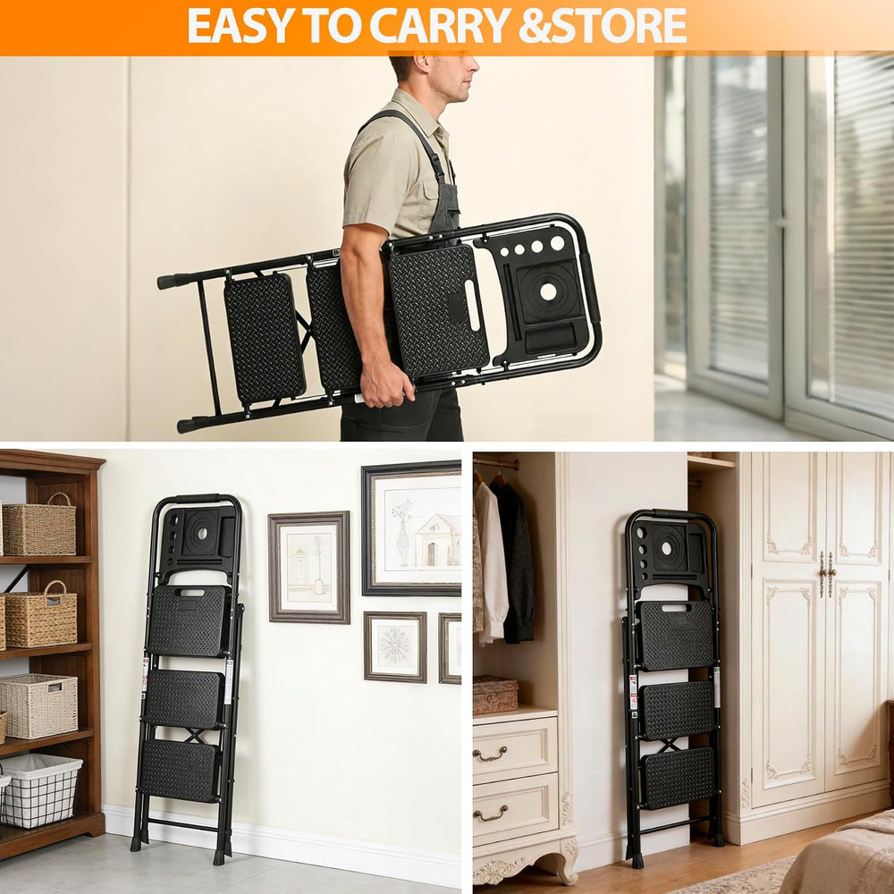 ZENY 3 Step Ladder, Folding Step Stool for Adults, Portable Steel Ladder with...