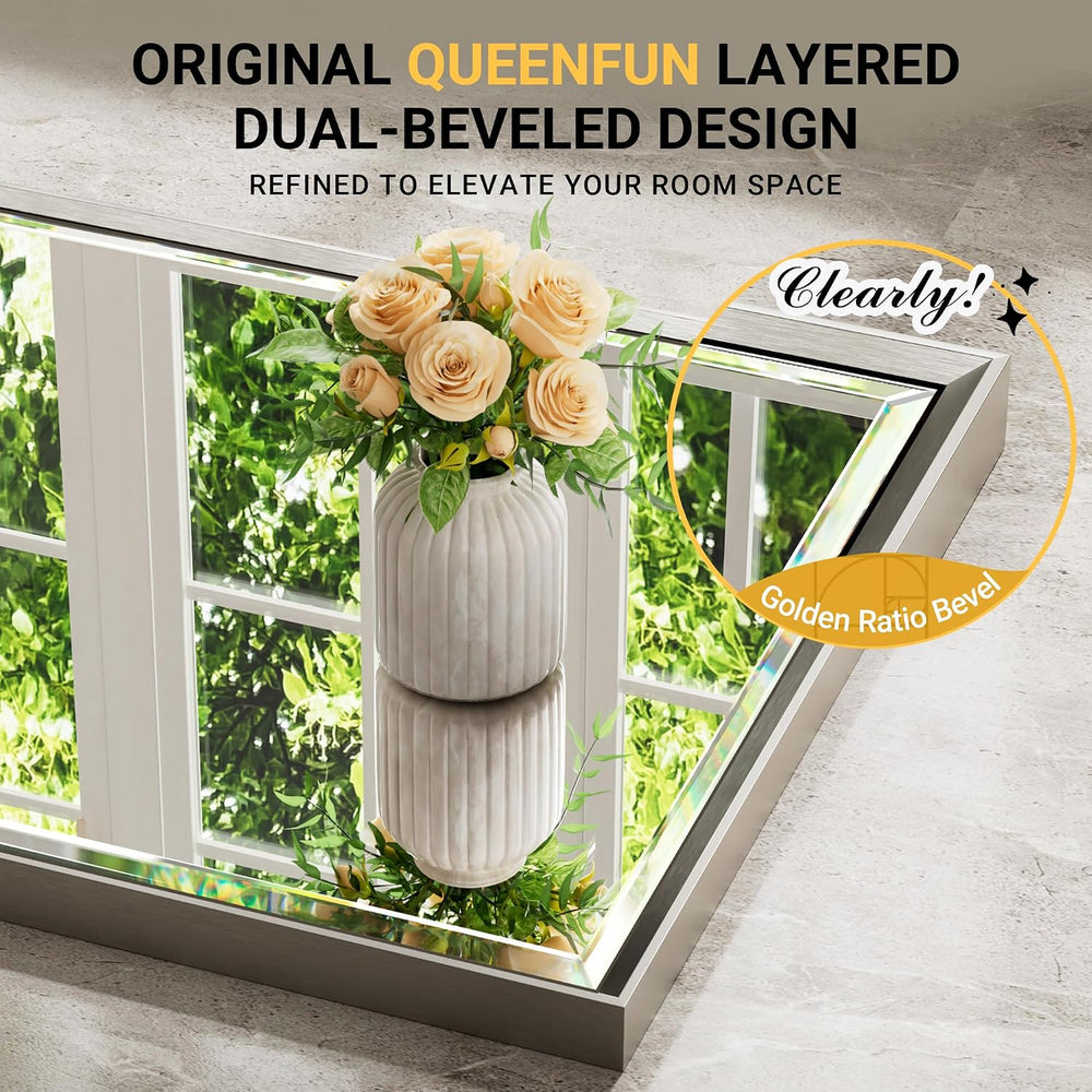 Brushed Nickel Bathroom Mirror, 24x32 Inch Beveled Framed Bathroom Mirror Ant...