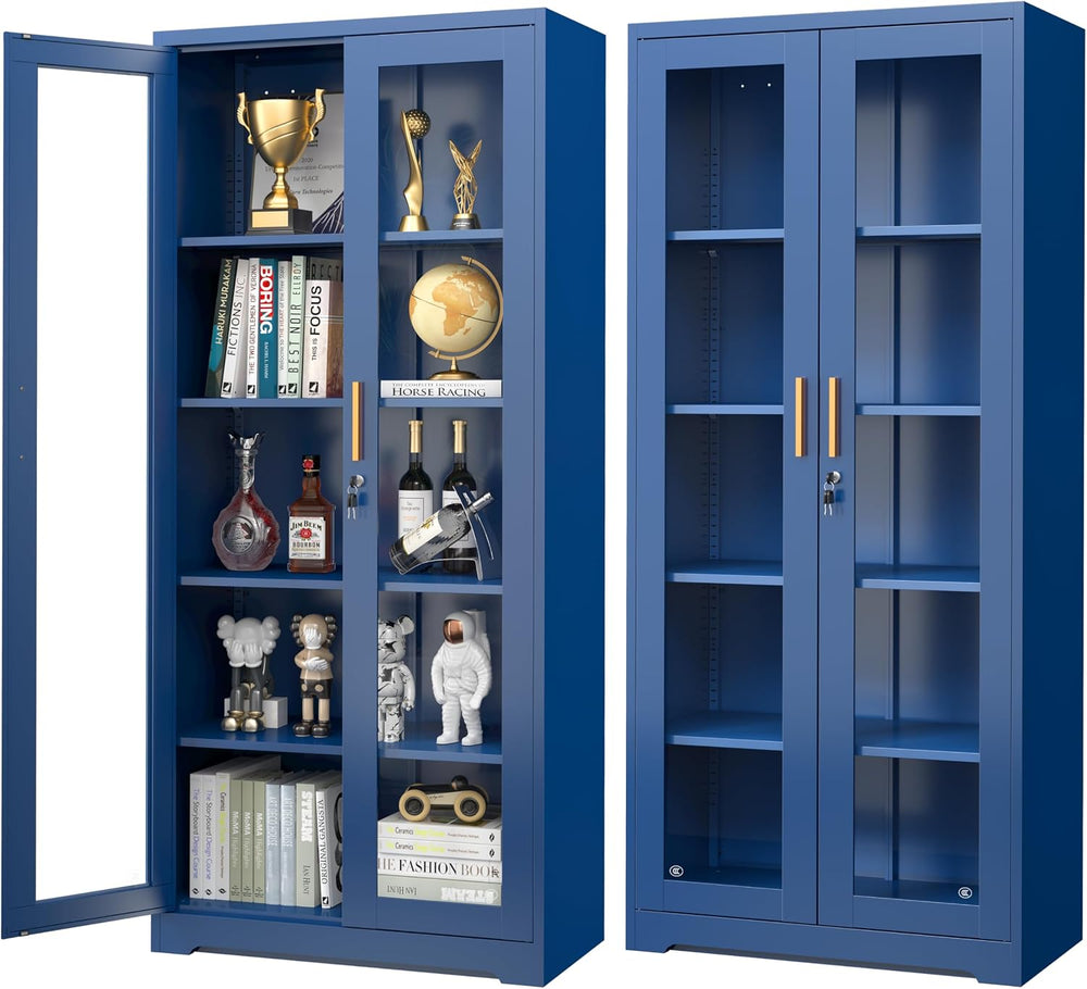 Polup 71" Blue Metal Glass Display Cabinet with Security Lock