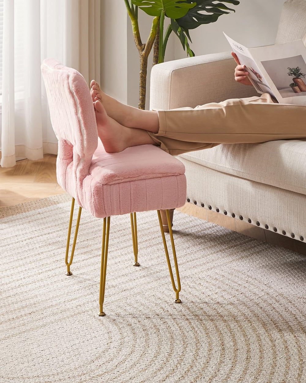 IBUYKE Vanity Stool with Storage, Folding Back Makeup Chair, Pink WBD030P