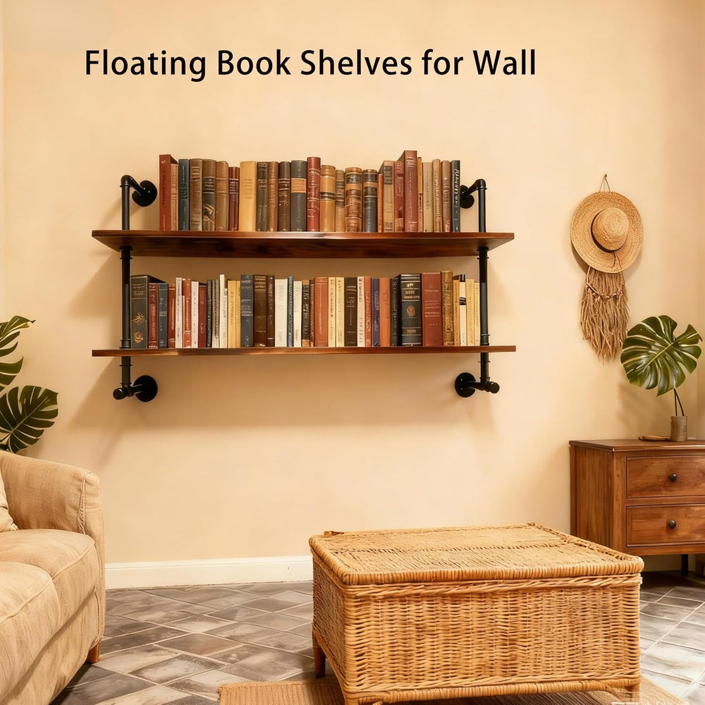 ROGMARS Industrial Pipe Solid Wooden Floating Book Shelves