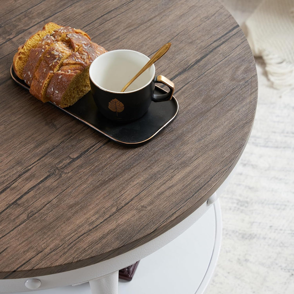 VINGLI 25.6" Round Farmhouse Coffee Table with Storage, Dark Walnut White