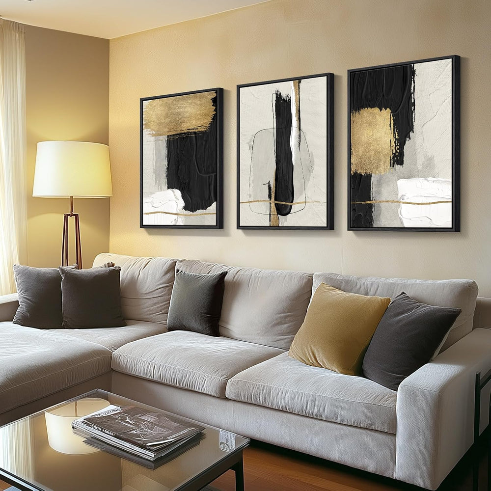 Large Framed Black and White Abstract Wall Art for Living Room, 3 Piece