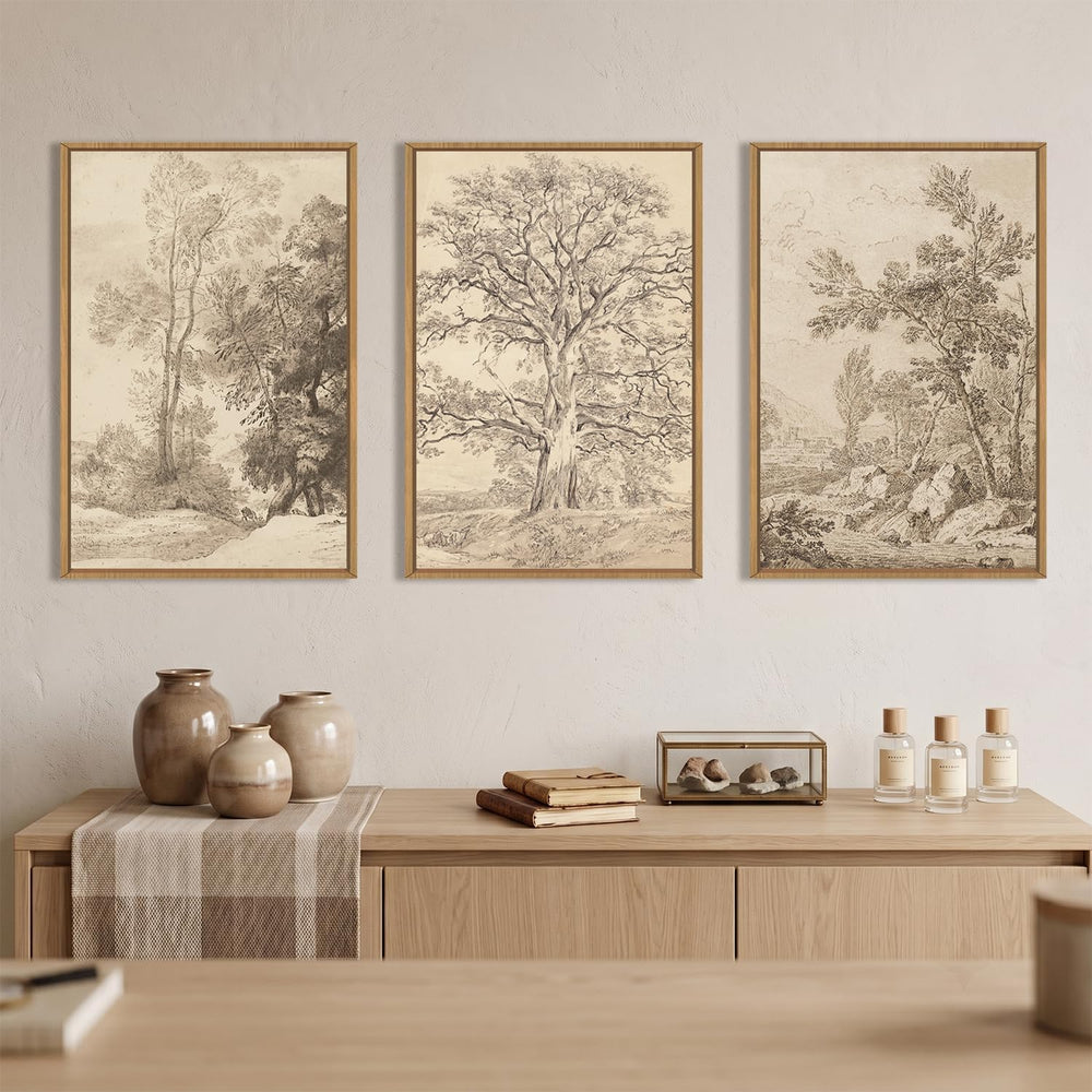 Ausril Large Vintage Tree Sketchbook Framed Canvas Wall Art Set -24"x36&...