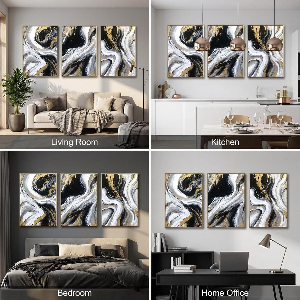 3D Textured Black and Gold Abstract Wall Art for Living Room, Hand Painted Se...
