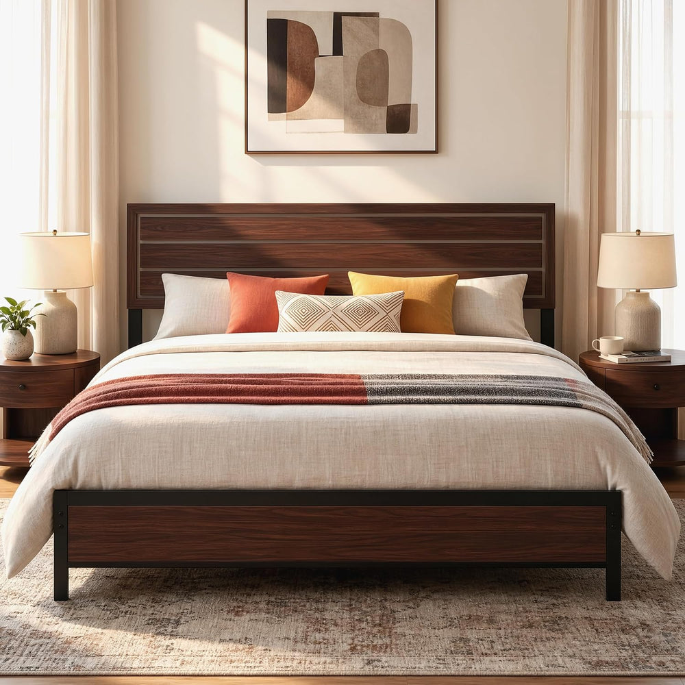 LIKIMIO King Bed Frame and Headboard, Unique Mid-Century Modern Design