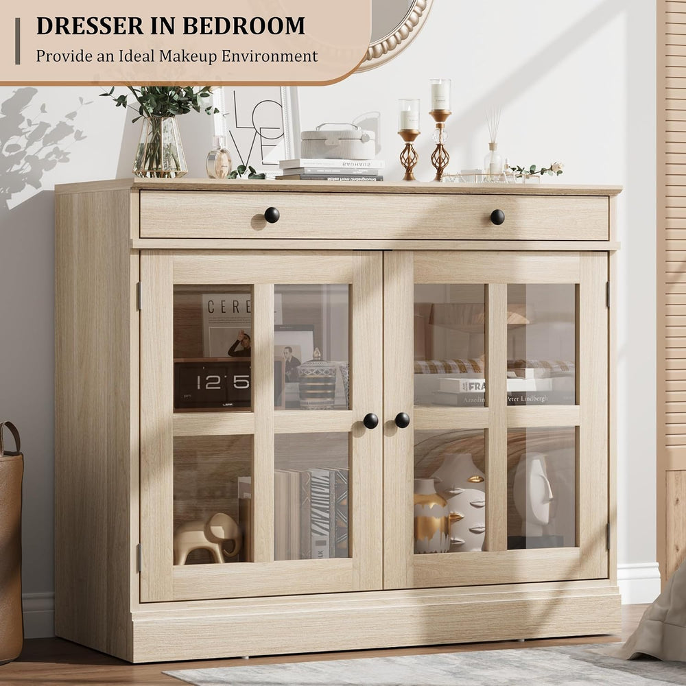 GarveeHome Modern 35.4" Sideboard Buffet Cabinet with Glass Door, Oak