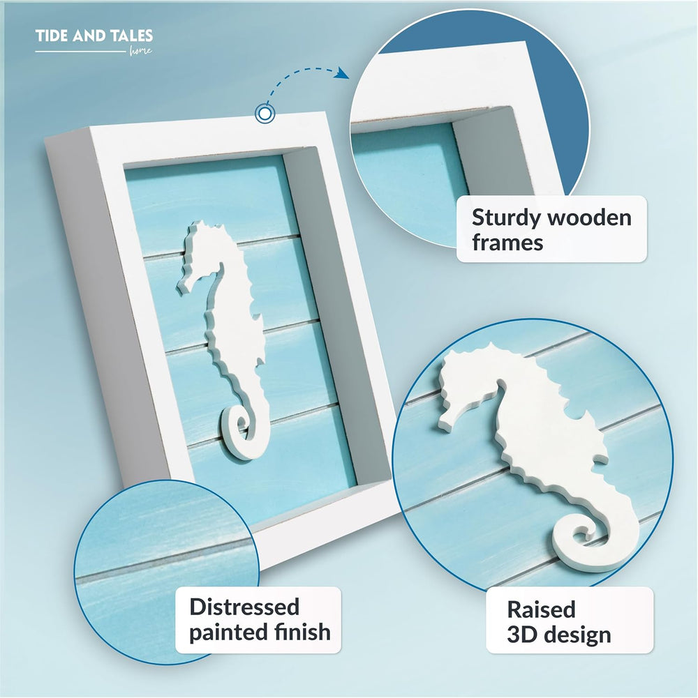 Tide and Tales 3d Coastal Wall Decor, Beach Wall Art, Framed Set of 4