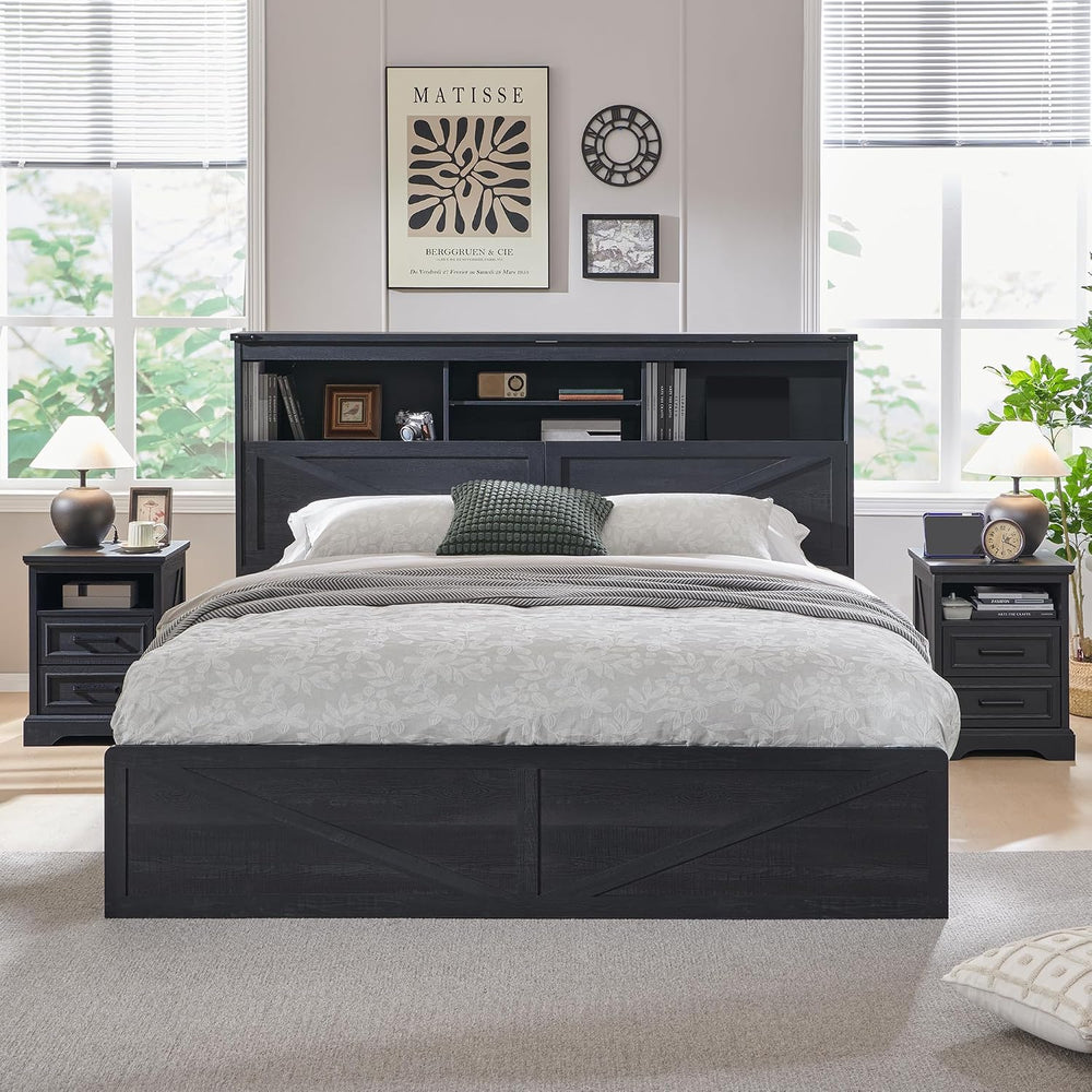 ACCOHOHO Farmhouse King Size Bed Frame with 52" High Storage Bookcase He...