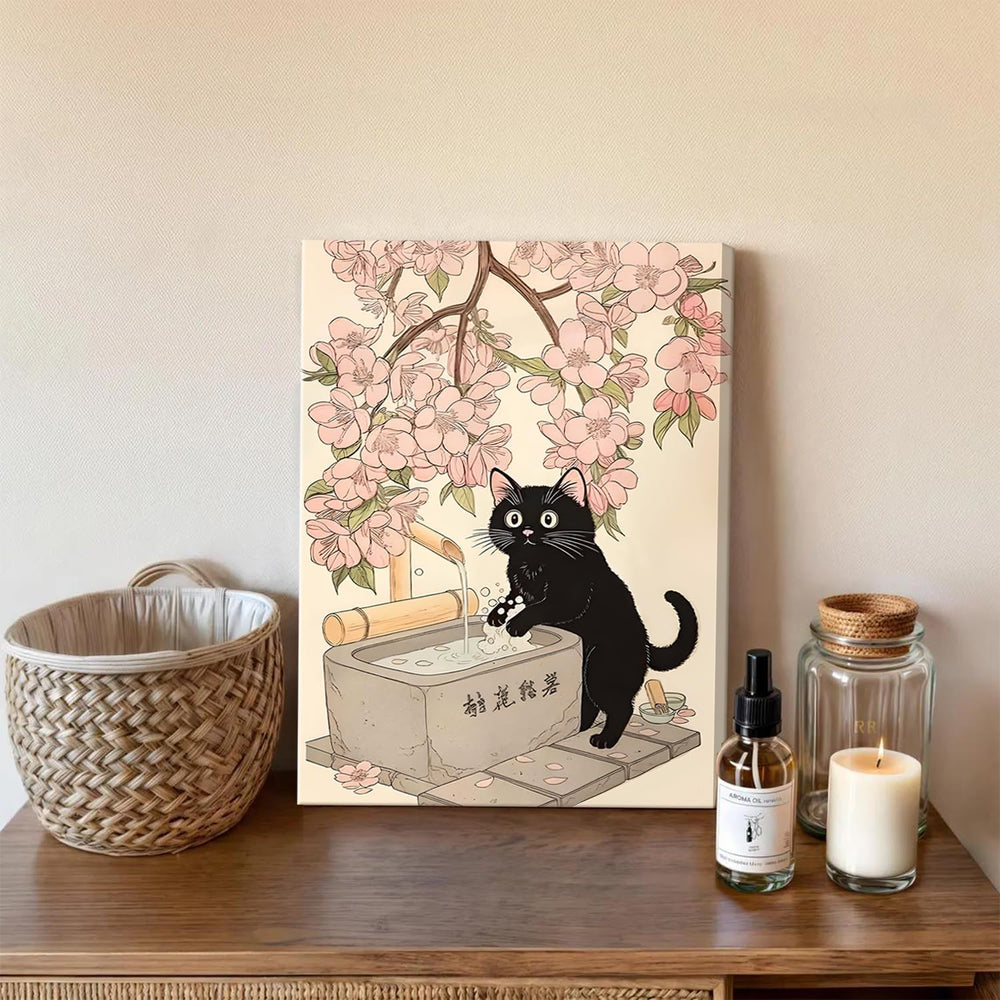 Funny Japanese Bathroom Wall Art Set of 3, Whimsical Black Cat Bathroom Wall ...