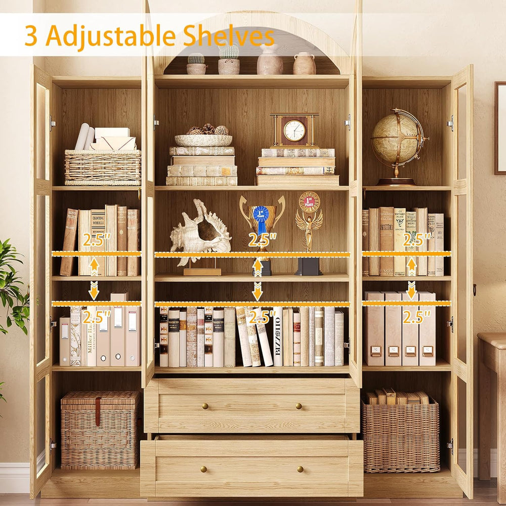 72.4" Tall Farmhouse Display Cabinet with Glass Doors, Natural