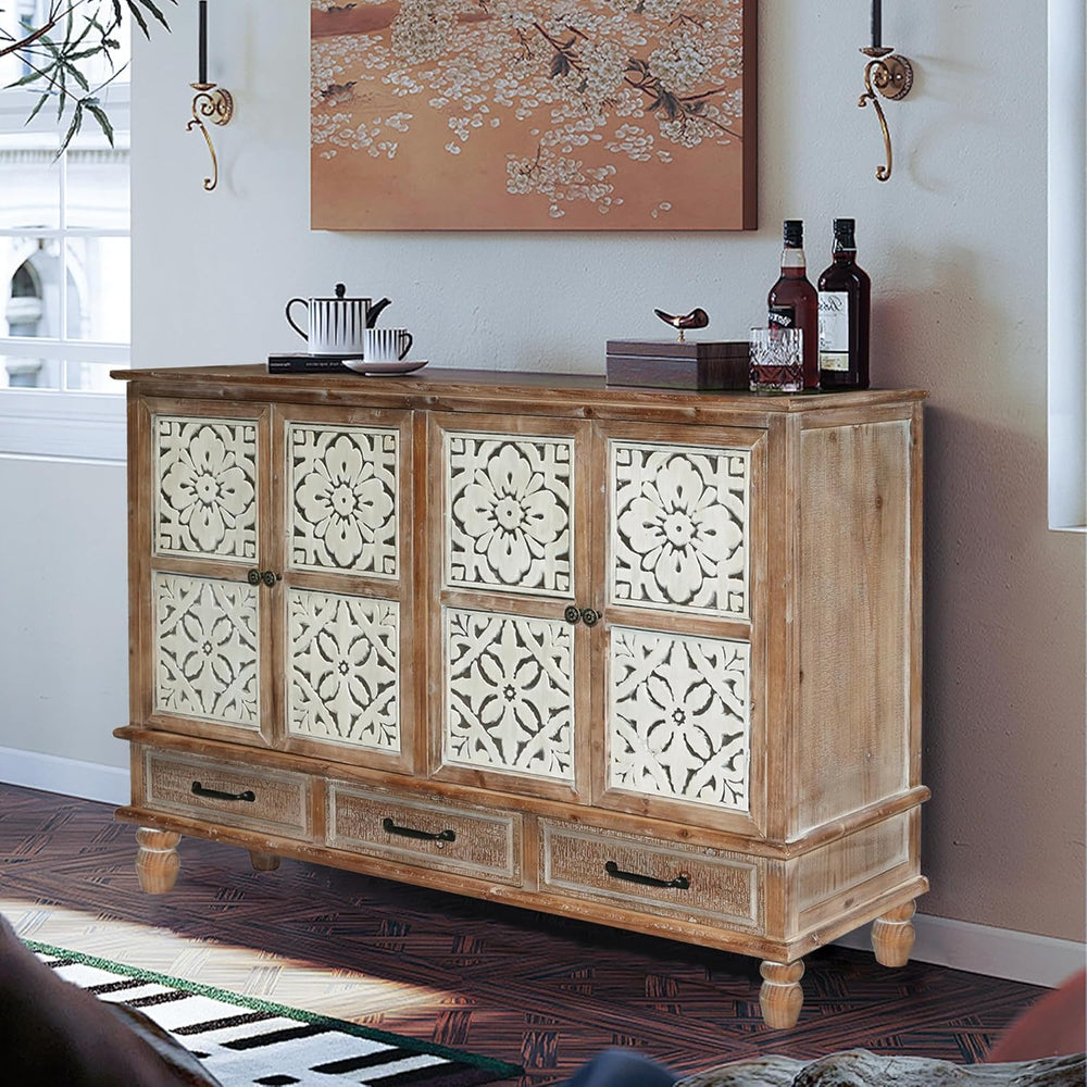 LKTART 59" Solid Wood Sideboard Buffet Carved Storage Cabinet with Drawers