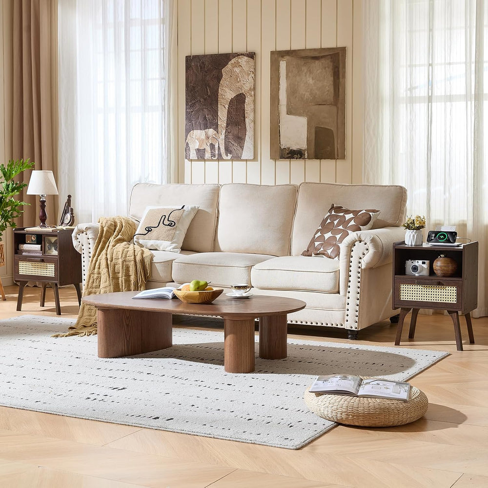 Lerliuo Rattan Nightstand with Charging Station, Side Table with Drawer