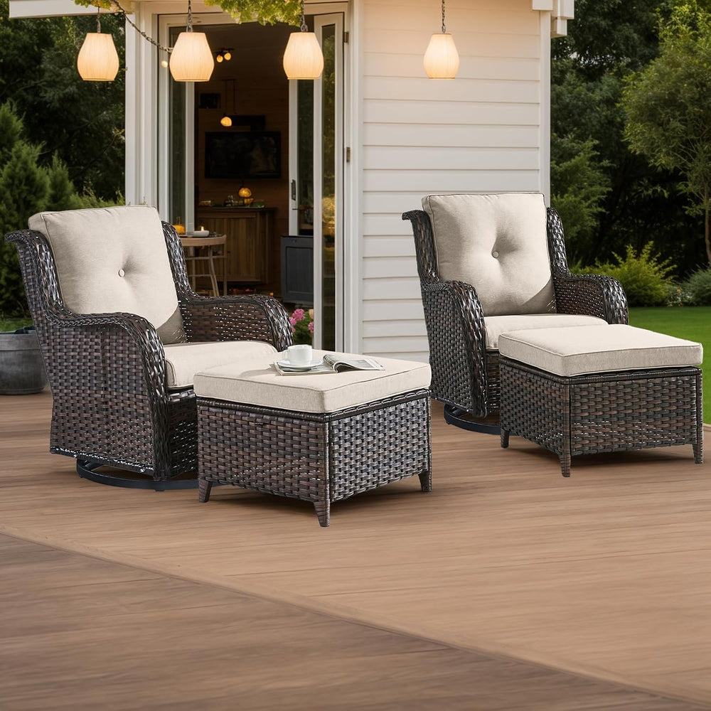HUMMUH 4 Piece Wicker Patio Swivel Rocker & Ottoman Set, Brown/Beige