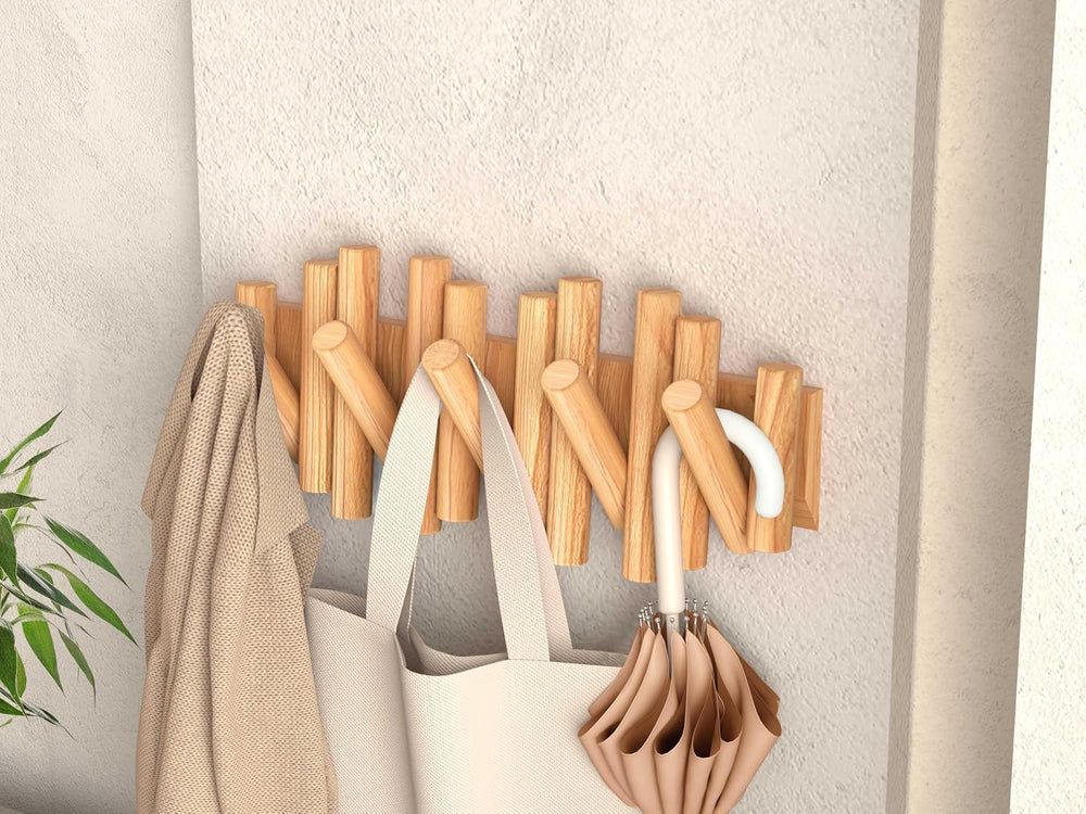 Folding Wall Coat Rack, 5 Flip-Down Wood Hooks for Entryway, Natural