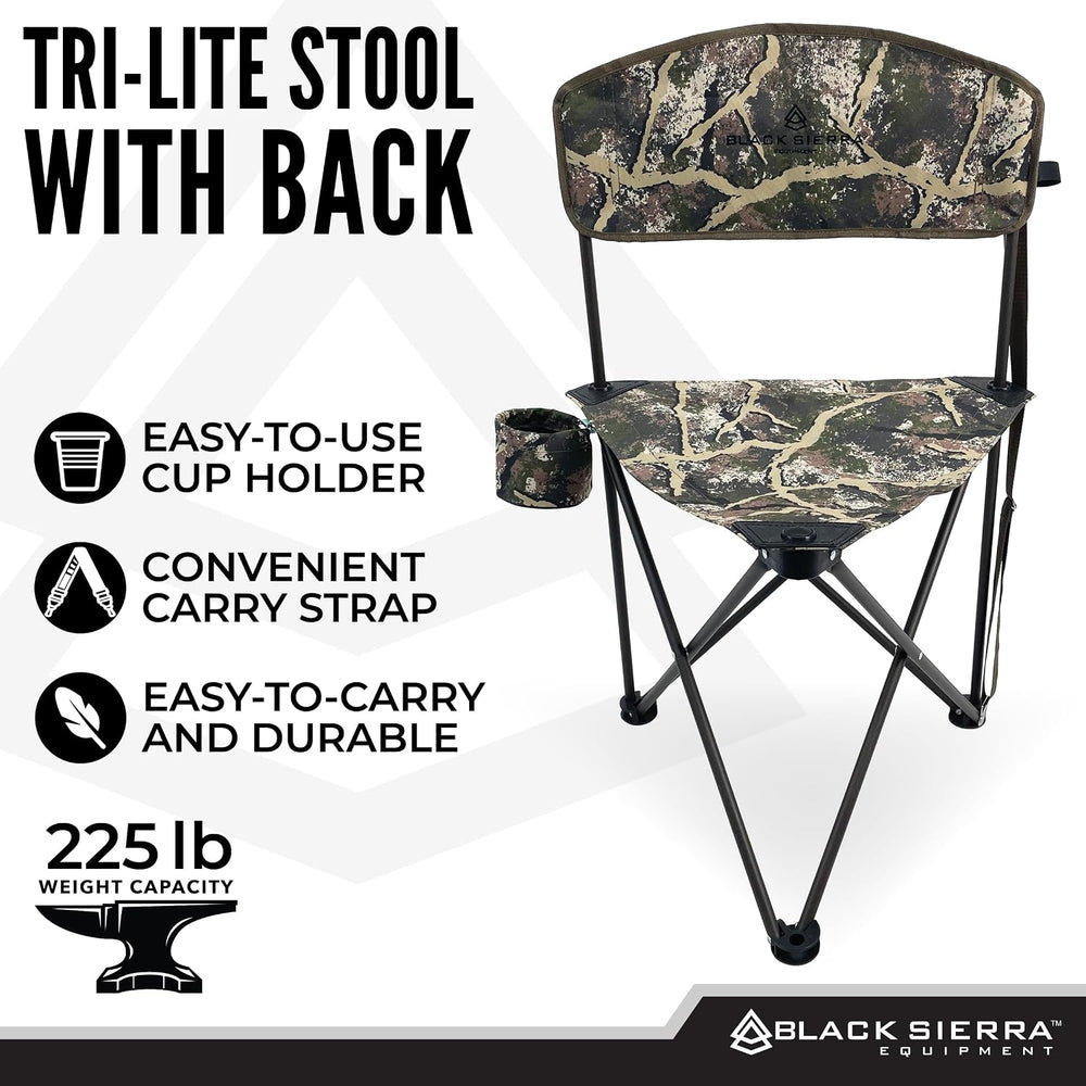 Black Sierra Folding Hunting Stool w Backrest & Cup Holder, 225 lb Capacity