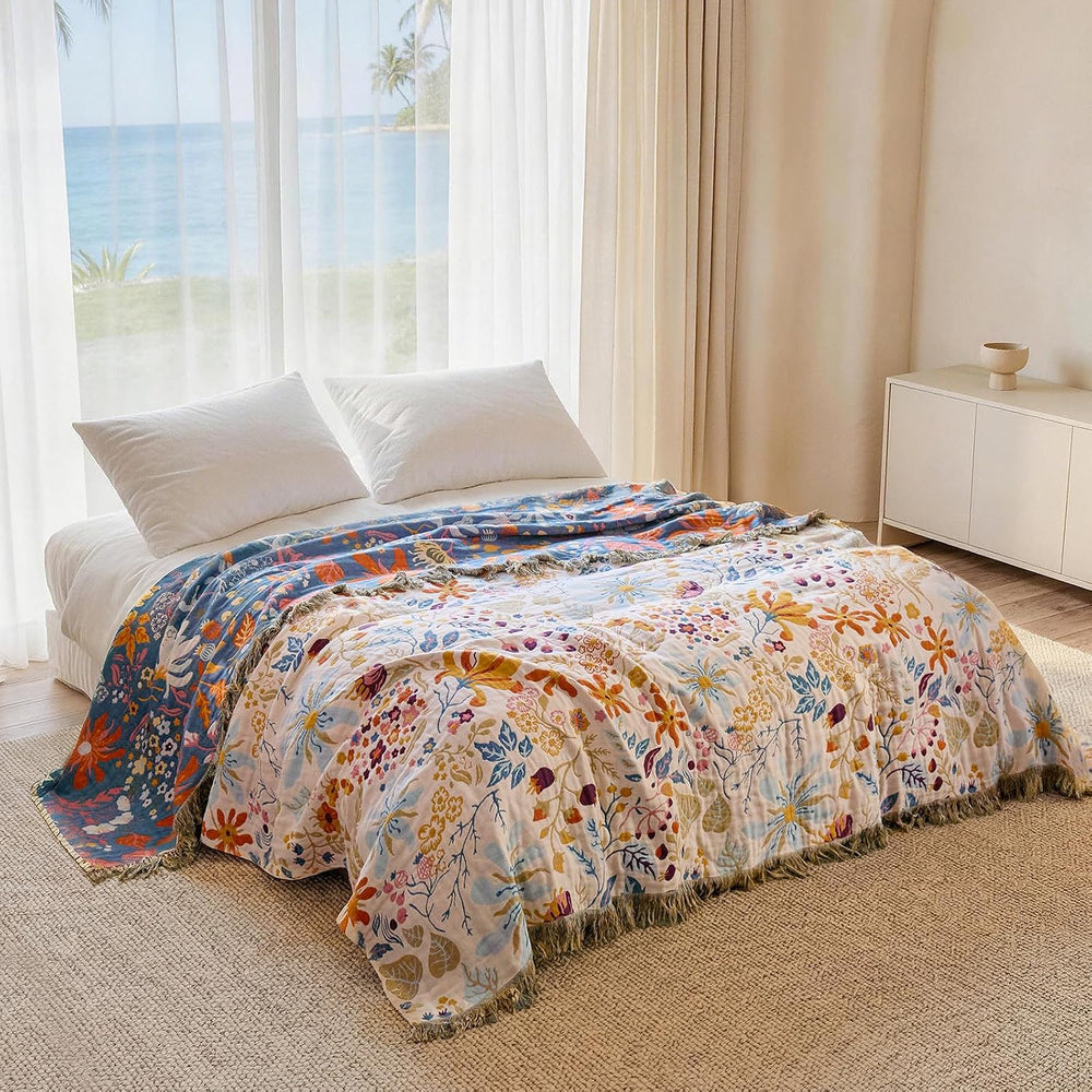 Cotton Throw Blanket Boho - 50"x60" Soft Floral Blankets, Sofa, Bed